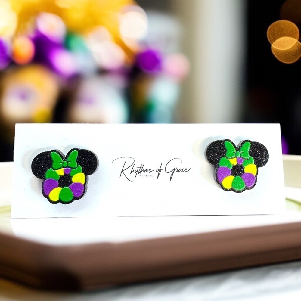 Get Your Festive Vibes On with Colorful Mardi Gras Mouse Ears Earrings! 💜💚💛